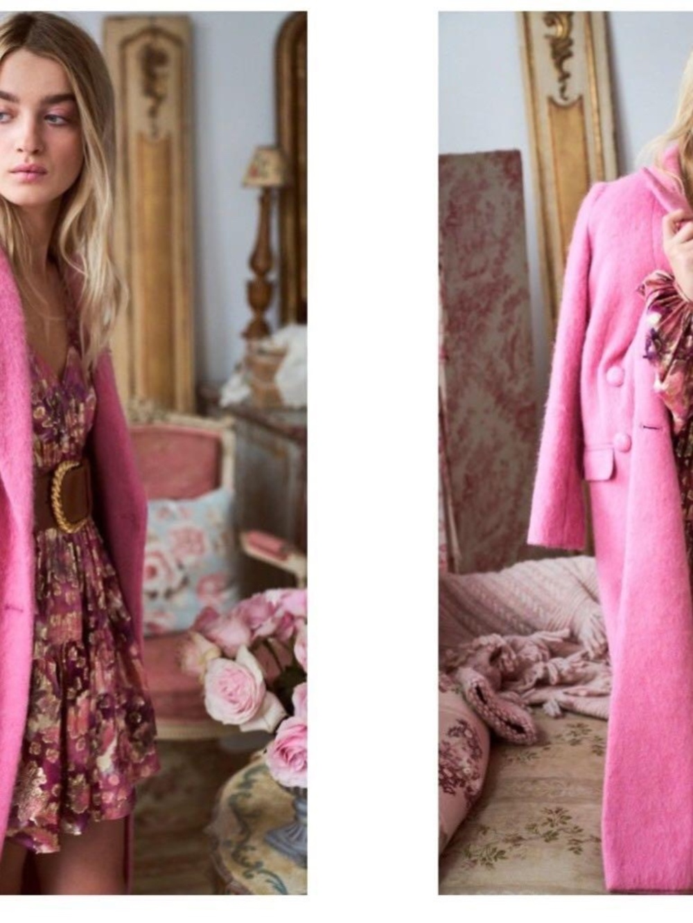 NWT LoveShackFancy Floret Wool Double Breasted Long Trench Coat Pink XS Bow - Picture 4 of 16